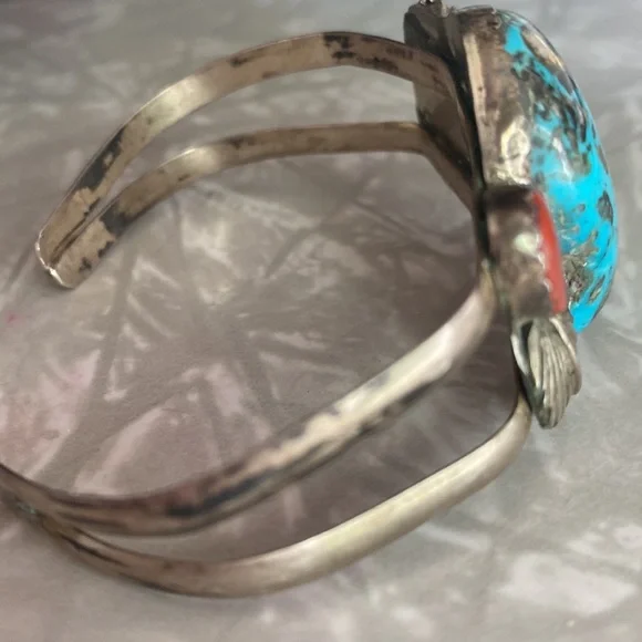 Vintage 1970’s Turquoise and Coral Sterling Native Cuff Bracelet